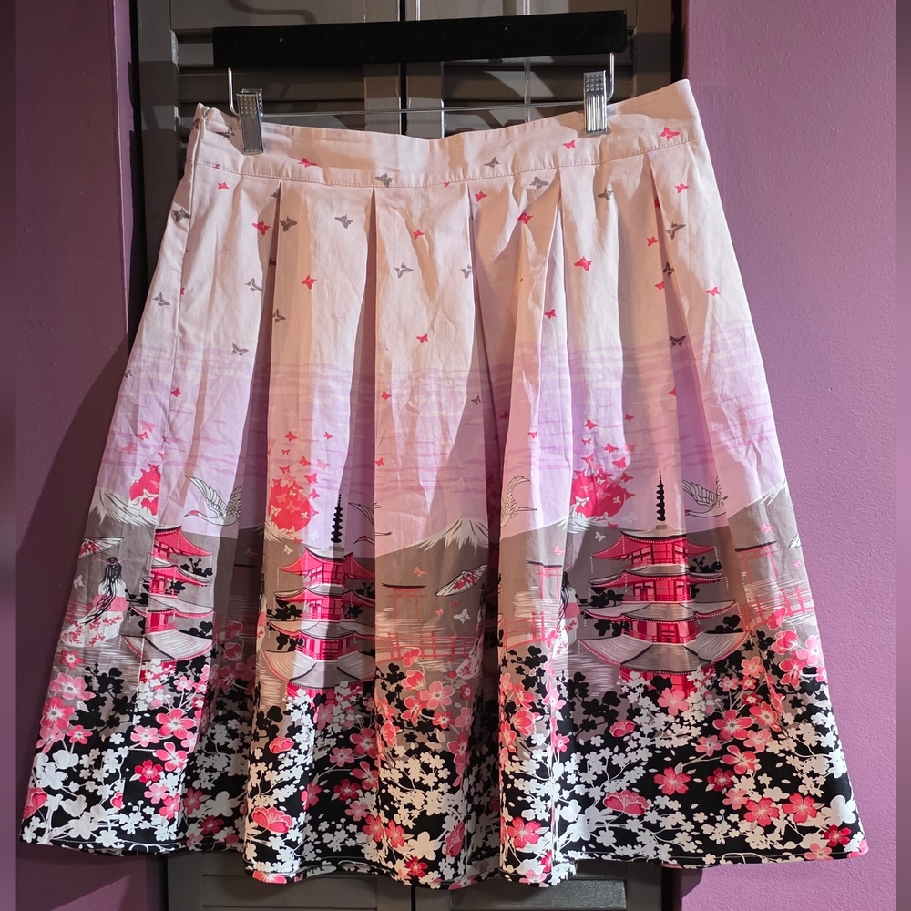 Chic A-Line Skirt with Floral Japan Scenic Print